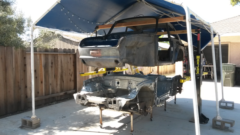 Homebuilt rig for dropping the body onto the chassis.